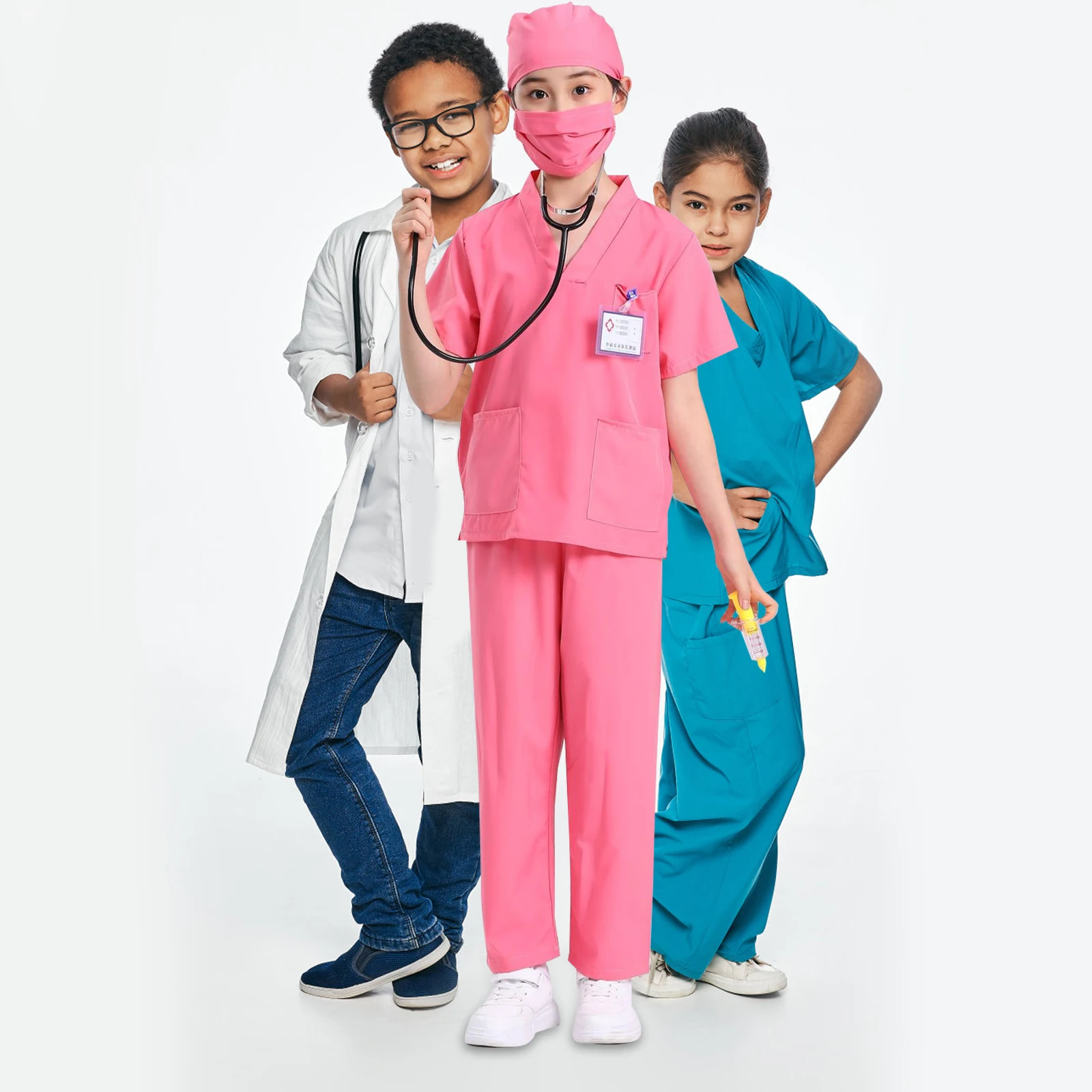 

1 set Kids Doctor Costume 150cm Pink V-Neck Nurse Outfits for Children Role Play Games Toddler Doctor Kit Cotton Costumes