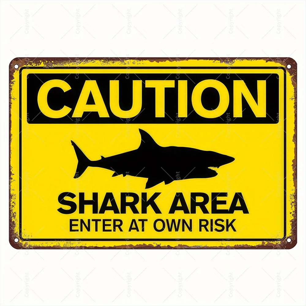 Panneau d'avertissement vintage sur les requins - Décoration murale optimiste « Zone des requins », idéale pour la plage, l'océan et la décoration de chambre de garçon