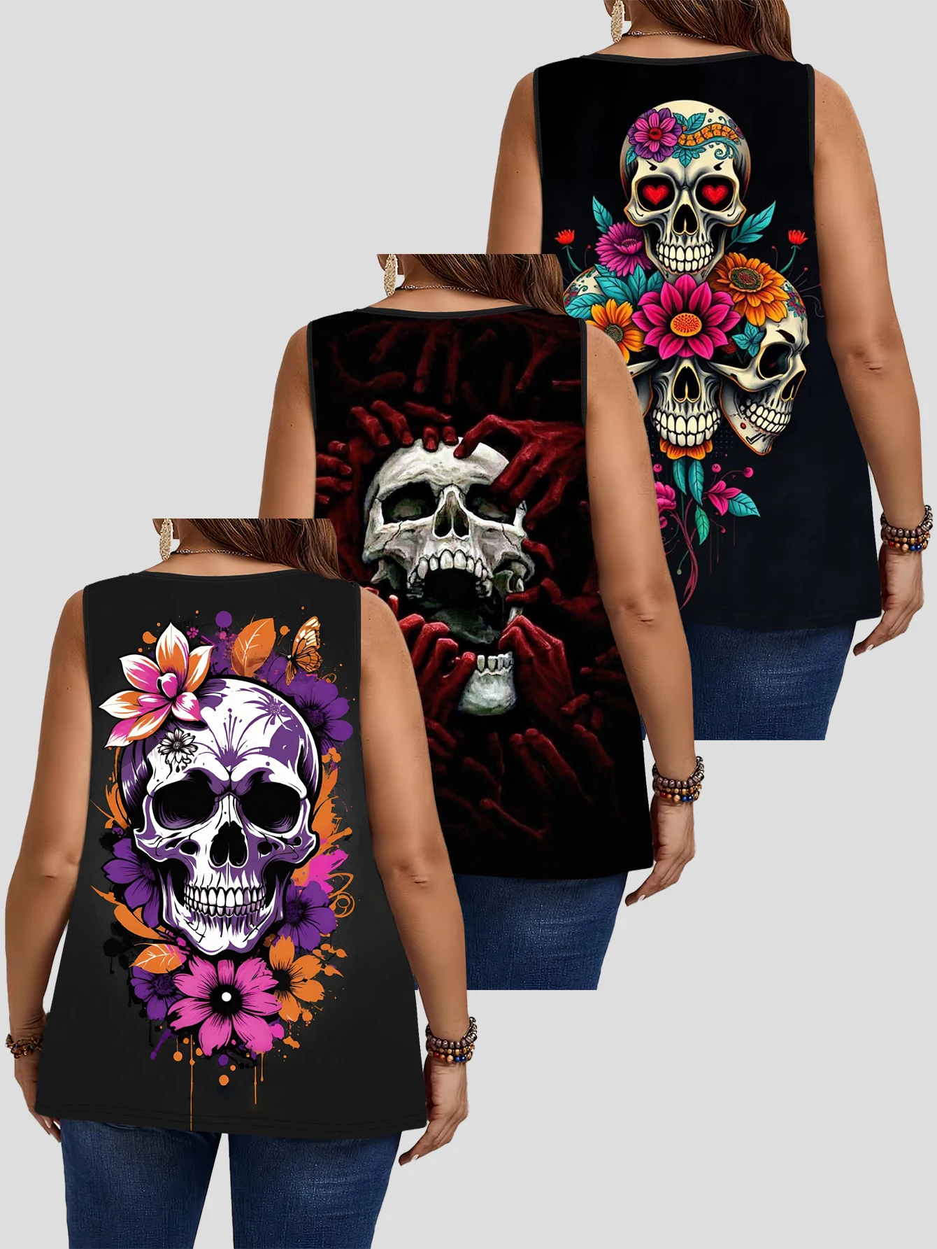 3-Piece Set of Plus-Size Sleeveless Vests with Colorful Floral Skull, Purple Flower Butterfly Skull, and Blood-Colored Hand Bone Skull Prints, in a Gothic Style, Loose-Fitting and Figure-Flattering Tank Tops