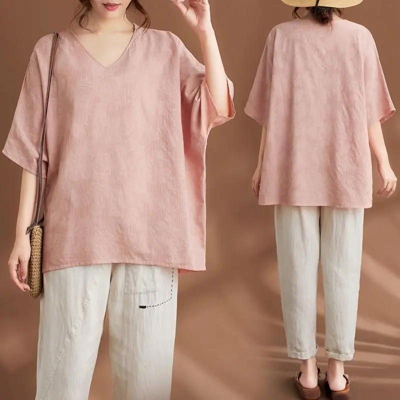 Oversized T-shirts for Women Retro Artistic Bat Sleeve Cotton Tops Summer Trendy Thin Half Sleeve Tshirt Fashion Jacquard Tee
