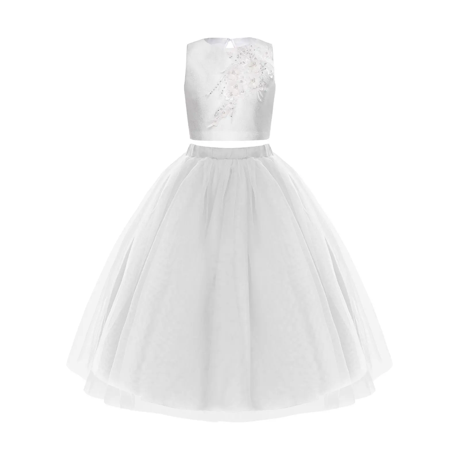 Set Gaun Anak Perempuan dengan Tank Top Applique dan Rok Tulle Panjang untuk Perjamuan Ulang Tahun Pengiring Pengantin Pesta Pernikahan Elegan Anak Bunga