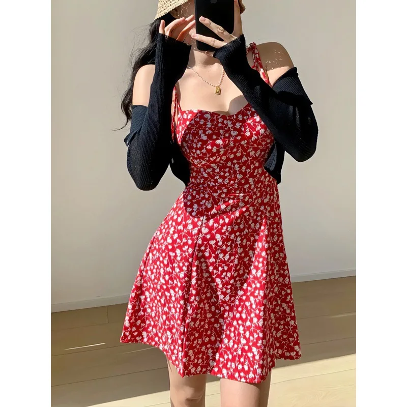 Sommer mode sexy Krawatten gurte Mini kleid Frauen silm rot Camis kurze Kleider fragmentierte Blumen hemd Kokette lässig y2k Kleidung