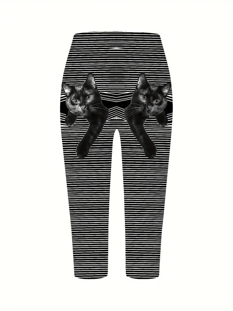 Personalized kitten print stretch slim-fit elastic waist tight casual leggings capri pants for women