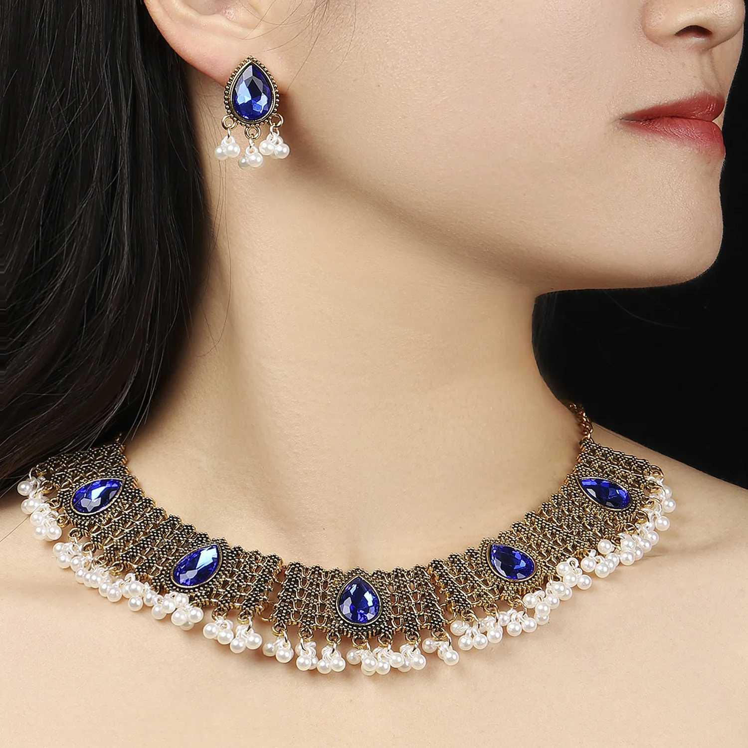 

Exaggerated Gem Necklace Set Dinner Bridal Collarbone Chain Vintage Jewelry