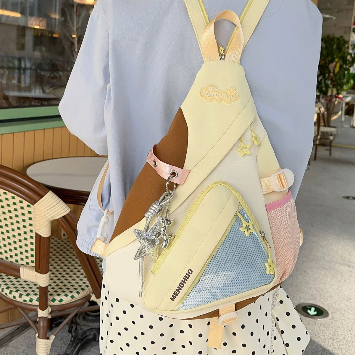 Korean Aesthetic Triangle Ita Sling Bag Star Print Patchwork Chest Backpack Lightweight Oxford Shoulder bag for Teen Girls bolso