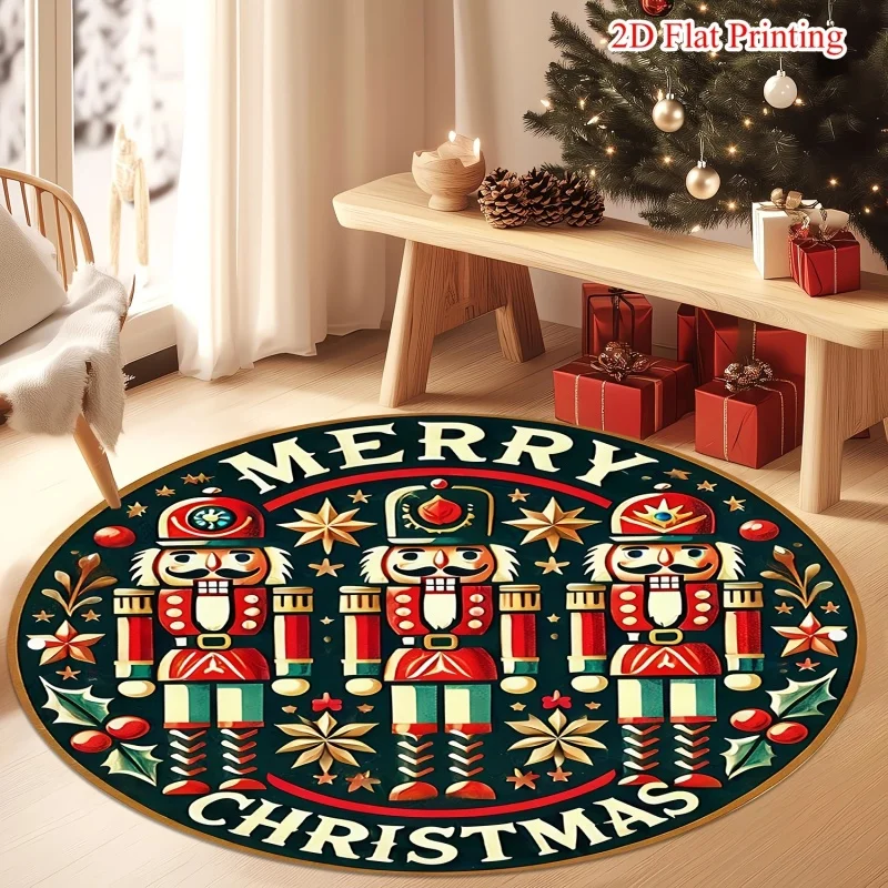 Vintage Nutcracker Christmas Round Area Rug,Merry Christmas Letter Printed Circular Floor Mat,Winter Indoor Home Decor