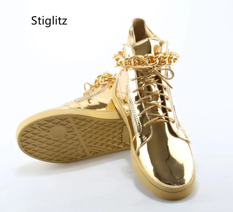 Gold Silver Chain High-Top Men's Shoes Casual Sneakers Shoes Sweat-Absorbing Breathable Mirror Leather Couple Shoes Ankle Boots