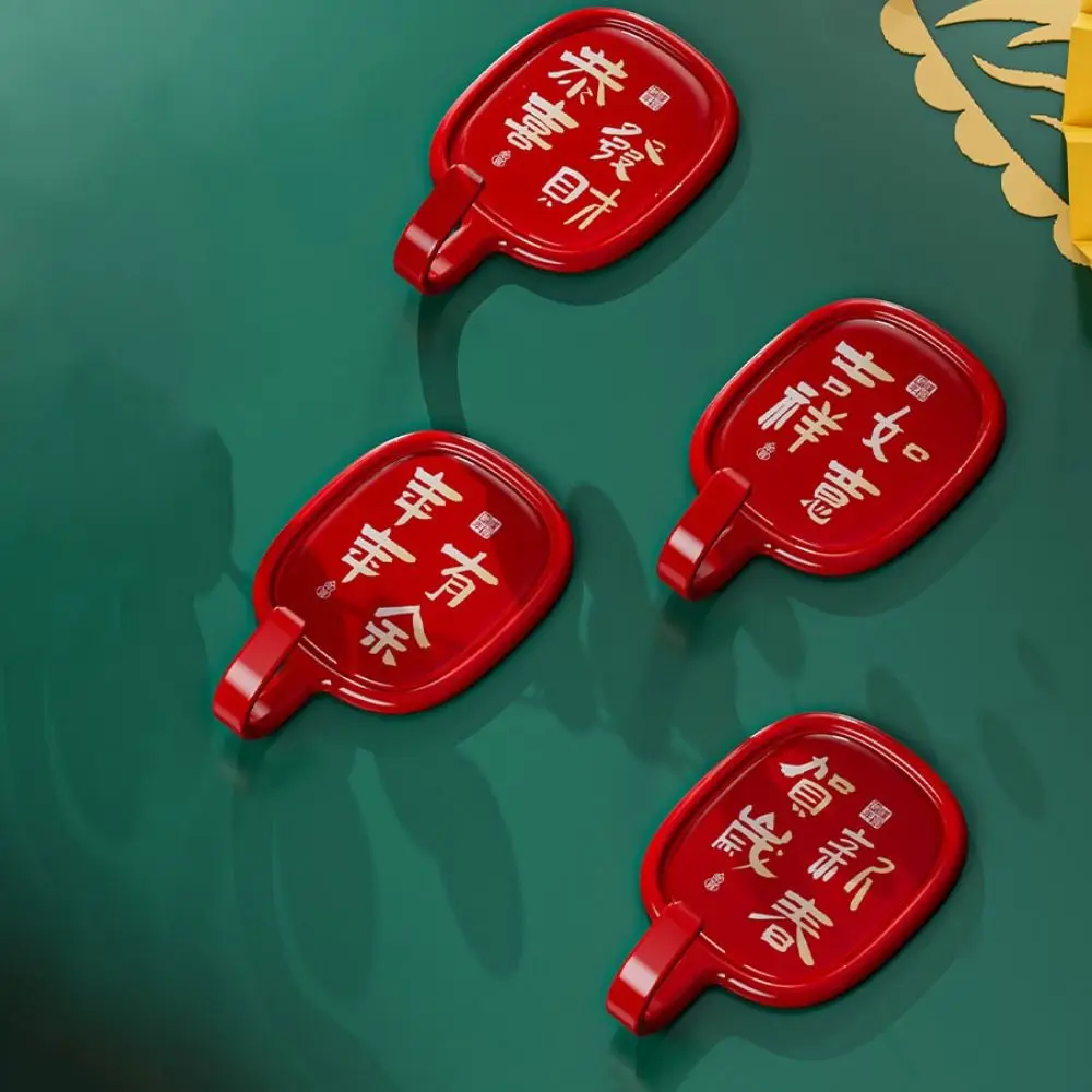 4Pcs Plastic Red Blessing Characters Hooks Wall Mounted Chinese Style Blessing Hooks Fu Word Self-adhesive Key Hanger for Home