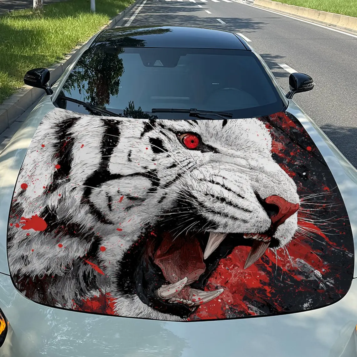 Splashing Ink Red Eyes Tiger Car Hood Stickers, Suitable For SUV And Truck Covers - Waterproof And Durable Vinyl Stickers, High-
