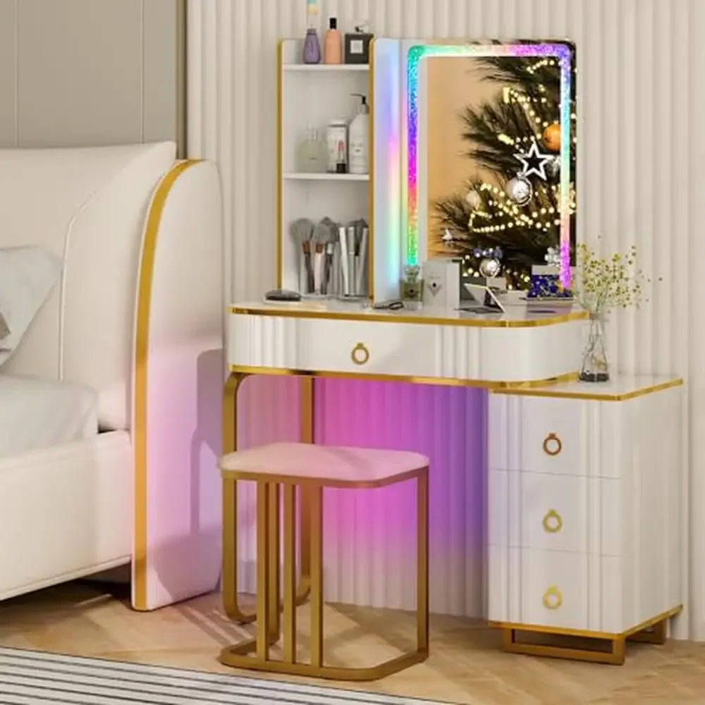 Vanity Desk with RGB LED Lights 7 Dynamic & 7 Static Modes 3-Drawer Chest 3 Shelves Jewelry Organizer USB Type-C Fast Charging