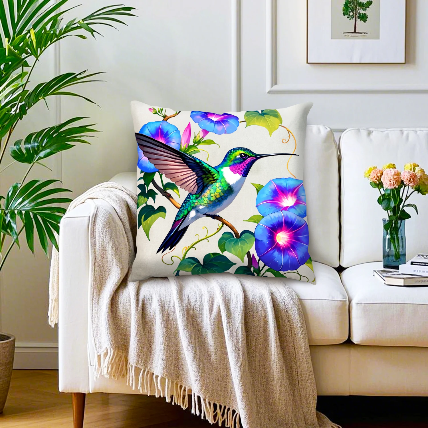 Hummingbird Morning Glory Cushion Covers Botanic Floral Throw Pillow Case Tropical Bird Garden Nature Decor Sofa Bedroom Patio