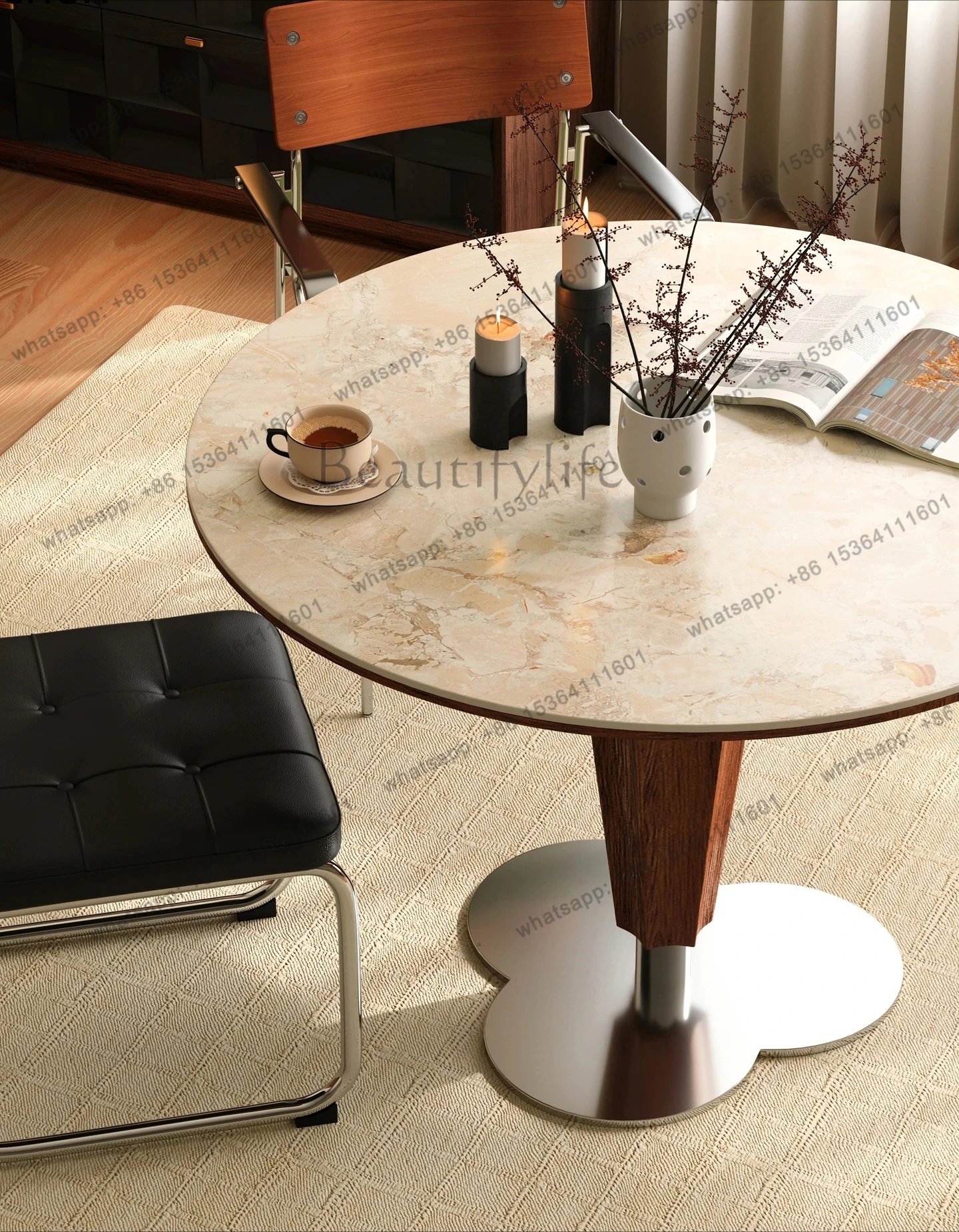 Solid Wood Dining Table Round Table for Home Use Small Apartment Negotiation Round Mid-century Style Rock Board Dining Table
