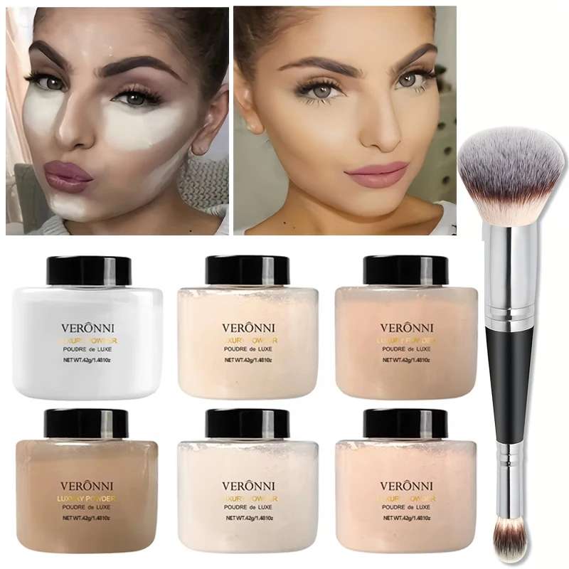 مجموعة بودرة سائبة مكونة من 6 ألوان تتضمن فرشاة مزدوجة الرأس، لمسة نهائية غير لامعة، تغطية كاملة، تحكم في الزيت، مقاومة للعرق، مقاومة للتلطخ، تدوم طويلاً