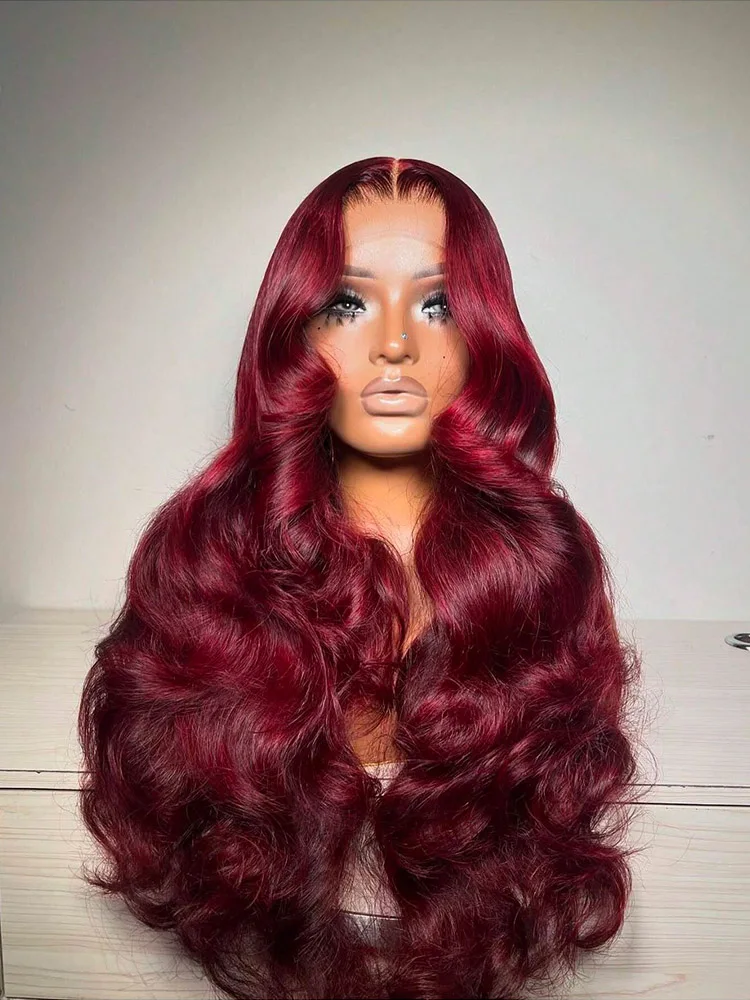 

250% Density Body Wave Burgundy 99J HD Lace Front Wig 13x6 Transparent Lace Frontal Wig 100% Human Hair Pre Plucked Colored Wig