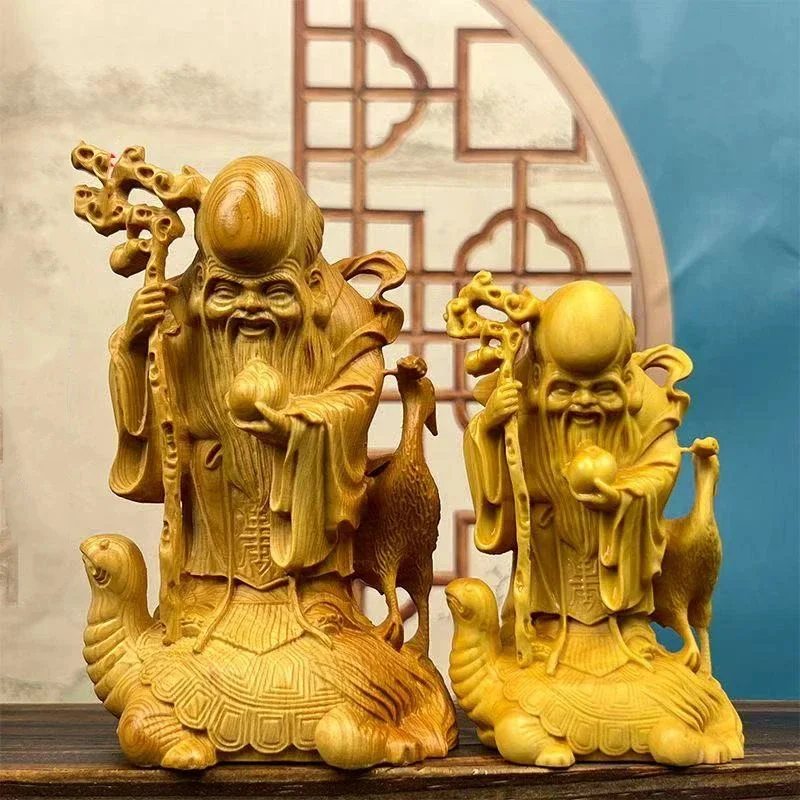 Cypress Wood God of Longevity Statue, Chinese mythological figure statue, Feng Shui Health Decor for Office Desk Home Gift