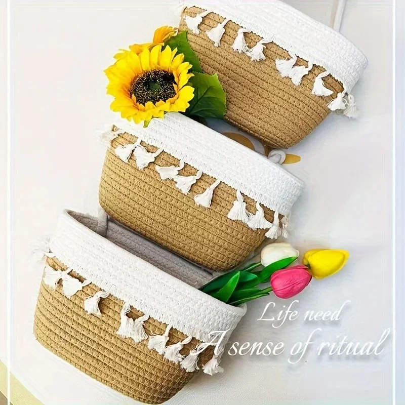 

hree-layer double coffee color tassel hanging basket Storage basket,storage objects wall hanging bag woven wall hanging