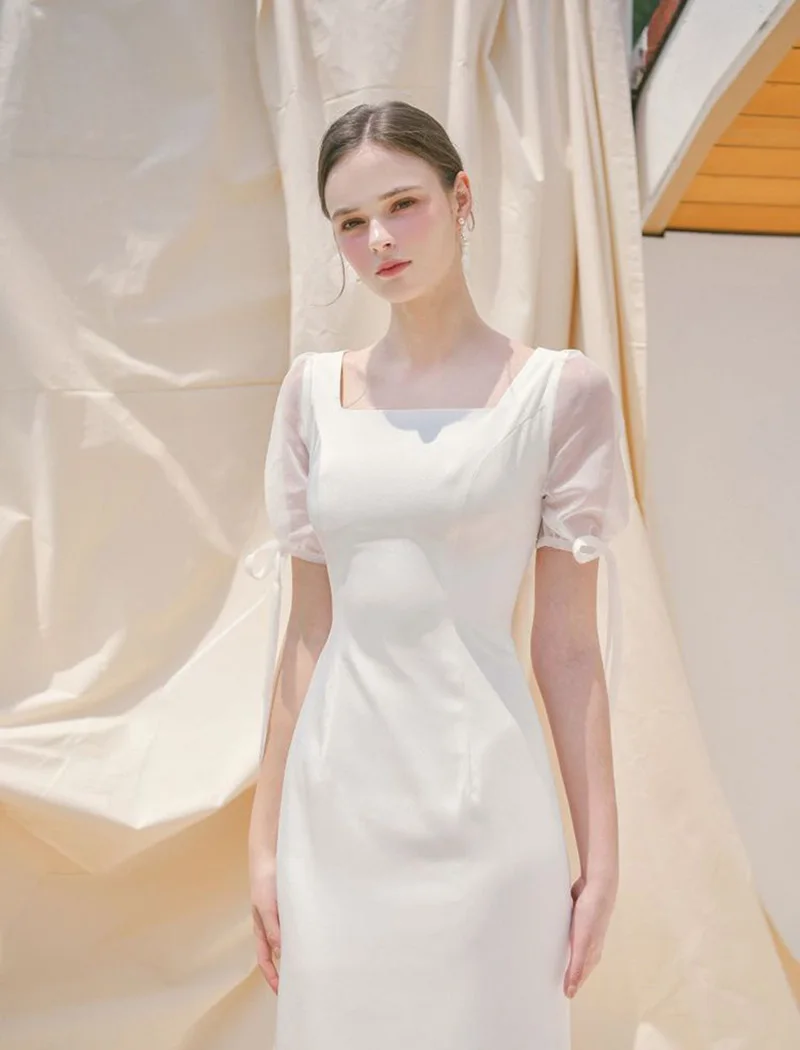 White Evening Dress 2023 New Women's Elegant Lace Up Puff Sleeve Fishtail Prom Gown Solid Square Collar Graduation Vestido