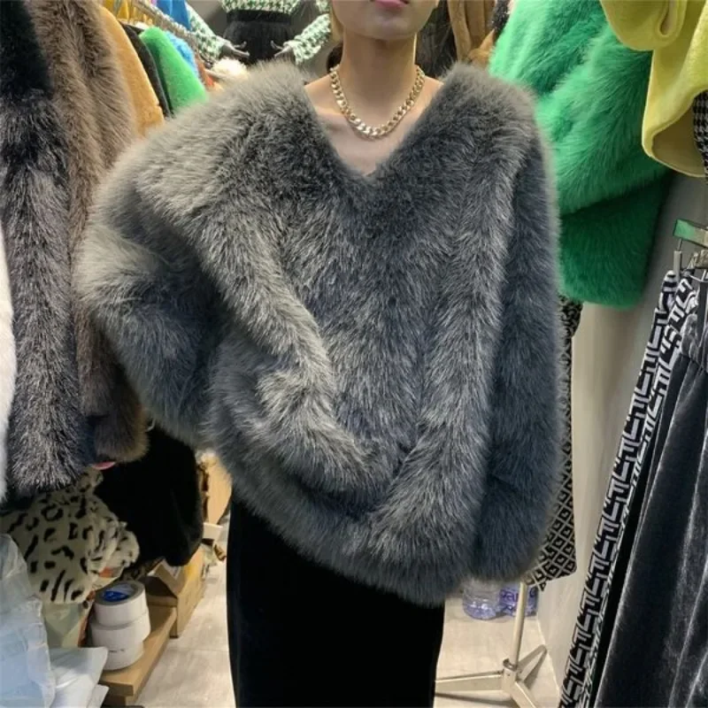 Faux Mink Vคอผู้หญิงFluffyเสื้อกันหนาวฤดูใบไม้ร่วงฤดูหนาวเสื้อแขนยาวเกาหลีเสื้อแฟชั่นของแข็งใหม่