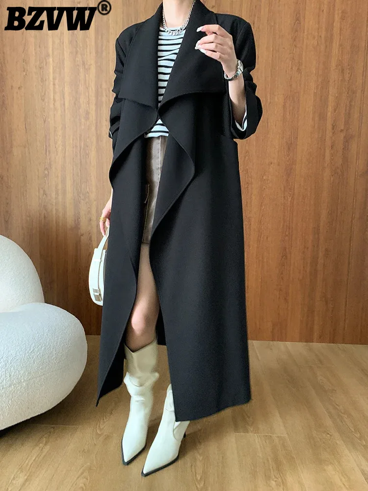 

BZVW Elegant Trench For Women Lapel Long Sleeves Solid Color Lace-up Gathered Waist Long Coat 2024 Autumn New Clothing 25A8439