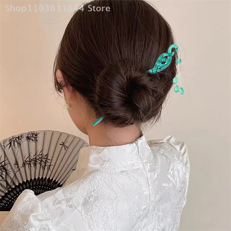 Grampos de cabelo femininos elegantes com cobra verde, cocar retrô Hanfu Cheongsam