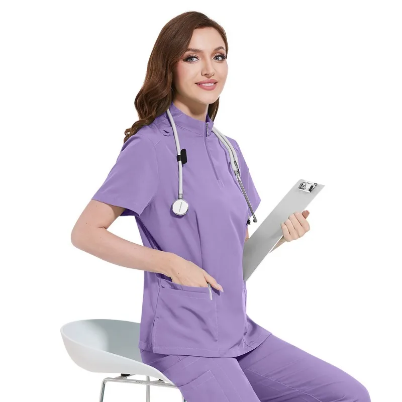 New Nurse Women Casual Short Sleeved Apparel Top Pharmacy Working Medical Hospital Doctor Nursing Uniform Stand-up collar Zipper