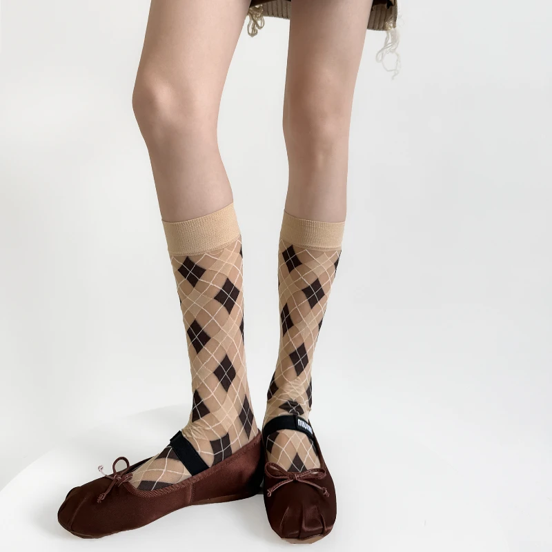 Women Socks College Style Plaid Long Socks Stockings Women Velvet Thin Breathable JK Girls Japanese Fashion Vintage Long Socks