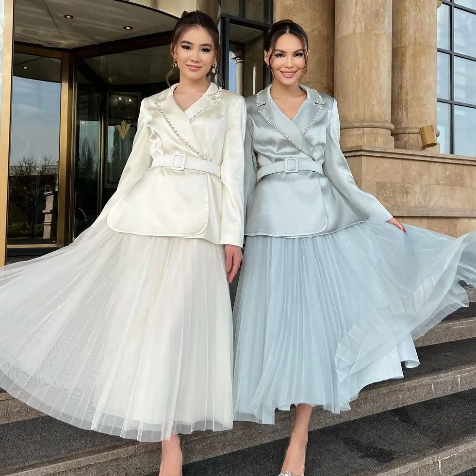 

2023 Elegant Prom Dresses With Rhinestone Jacket A-Line Long Sleeves Ankle-length Formal Occasion Dresses Robes De