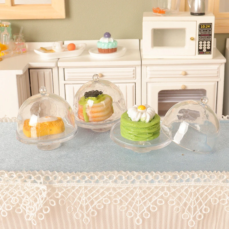 (.) 1Pc Dollhouse Miniature Cake Transparent Tray W/Cover Dessert Display Rack Kitchen Model Decor Toy Doll House Accessories