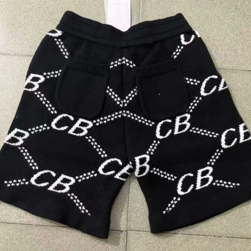Black CB Shorts Letter Logo Full Print Jacquard Yarn Drawstring Knitted Shorts Men Women Hiphop Street Casual Loose Pants