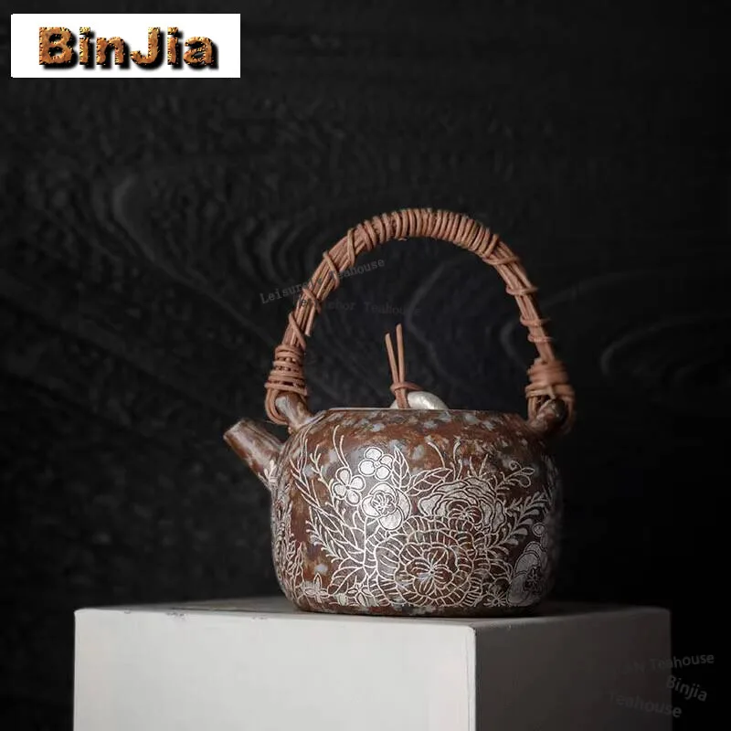 200ml Handamde Old Rock Mud Lifting Beam Pot Gilded Silver Flower Vine Weaving Teapot Chinese Tea Brewing Filter Kettle Tea Set