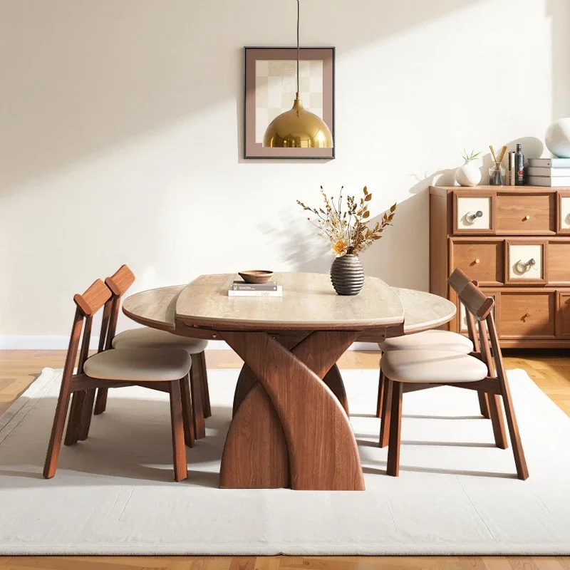 Travertine rock slab dining table walnut medium antique solid wood telescopic folding dining table and chairs variable
