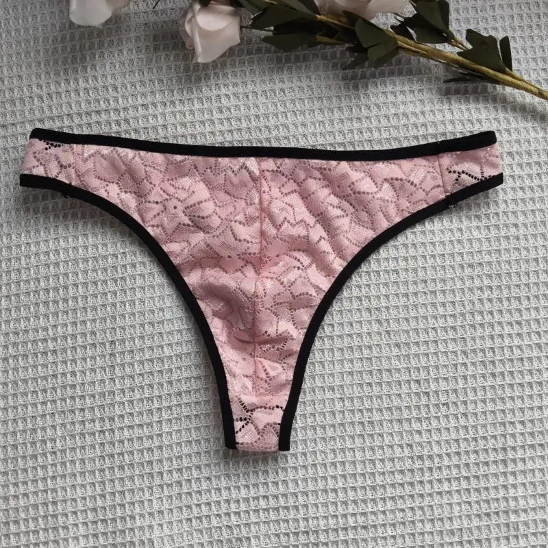Men Lace Thong Hollow Out Breathable T-back Underwear Convex Pouch Contrast Binding Soft LGBT Intimate Bottoms Briefs