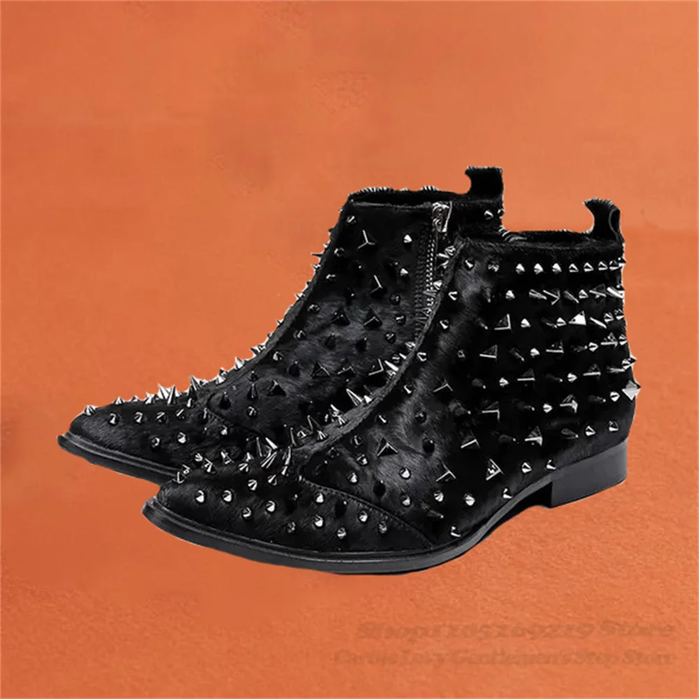 

Rivet Decor Fur Men Ankle Boot Punk Style Pointed Toe Side Zipper Winter New Business Formal Casual Chelsea Boots Male Shoes