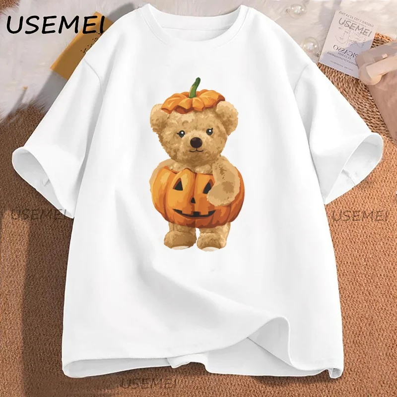 

Halloween Bear T Shirt Pumpkin Teddy Bear Animal Lover Gift T-shirt Funny Fall Loose Casual Short-sleeved Round Neck Cotton