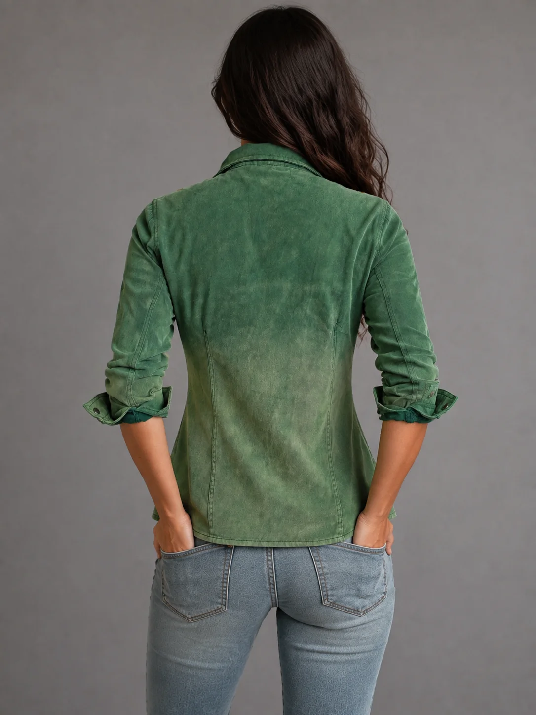 Women's Vintage Washed Army Green Denim Utility Jacket, Collared Zip-Up Slim Waist Double Pocket Casual Coat