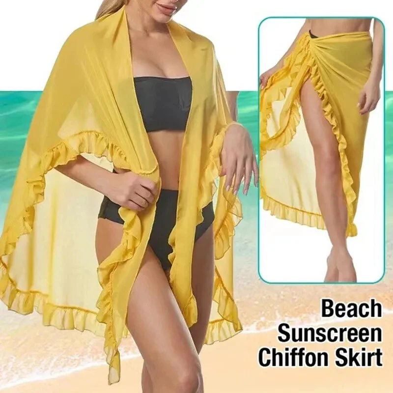 Women Chiffon See-Through Beach Bikini Cover Up Wrap Scarf Swimwear Pareo Sarong Dress Solid Ruffle Casual Beach Dress