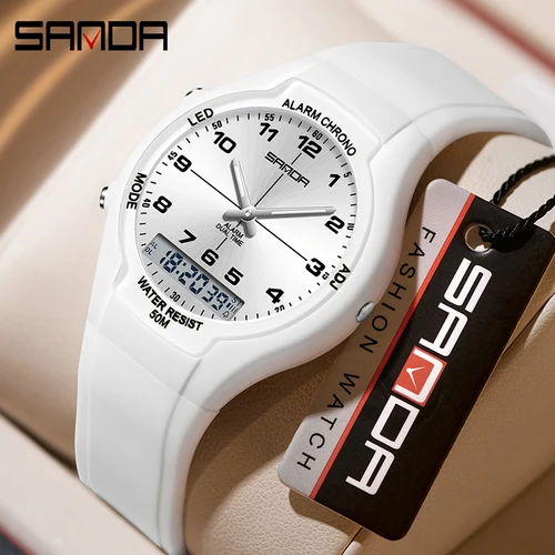 Imagen 2 del producto SANDA 6320 Reloj deportivo con pantalla dual Reloj despertador resistente al agua 5ATM para hombres y mujeres, reloj de hora, cronómetro, sincronización, semana y fecha