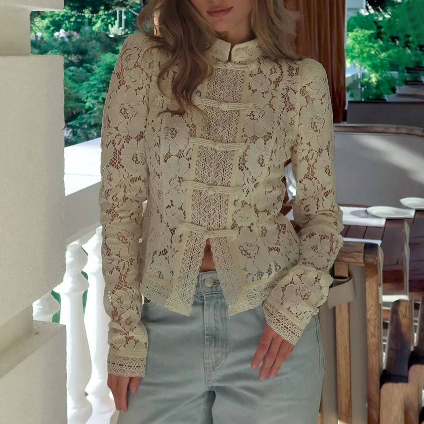 

Hollow Lace Knitted Shirt Retro Button Design Stand Collar Long Sleeve Slim Shirt 2025 Women's New Summer Commuter Sexy Top