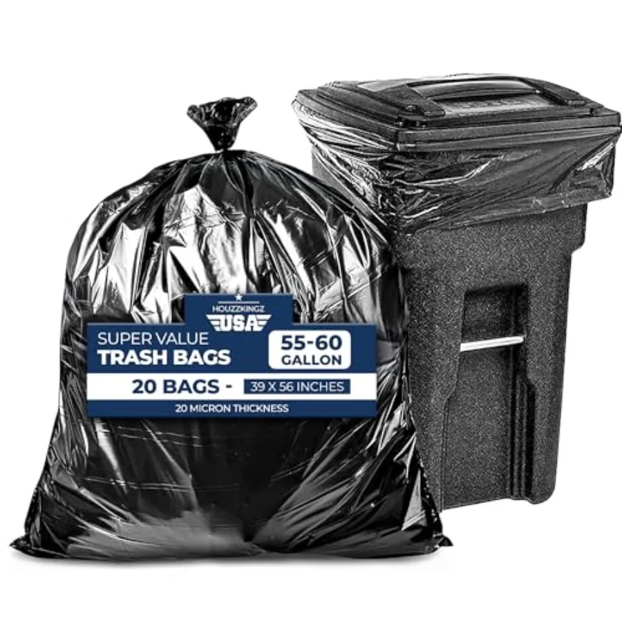 

55 Gallon Large Trash Bags [39" X 56" 20 Micron] 20 Black Contractor Garbage Bags Heavy Duty Lawn Leaf Yard Waste Bags 55-60 Ga