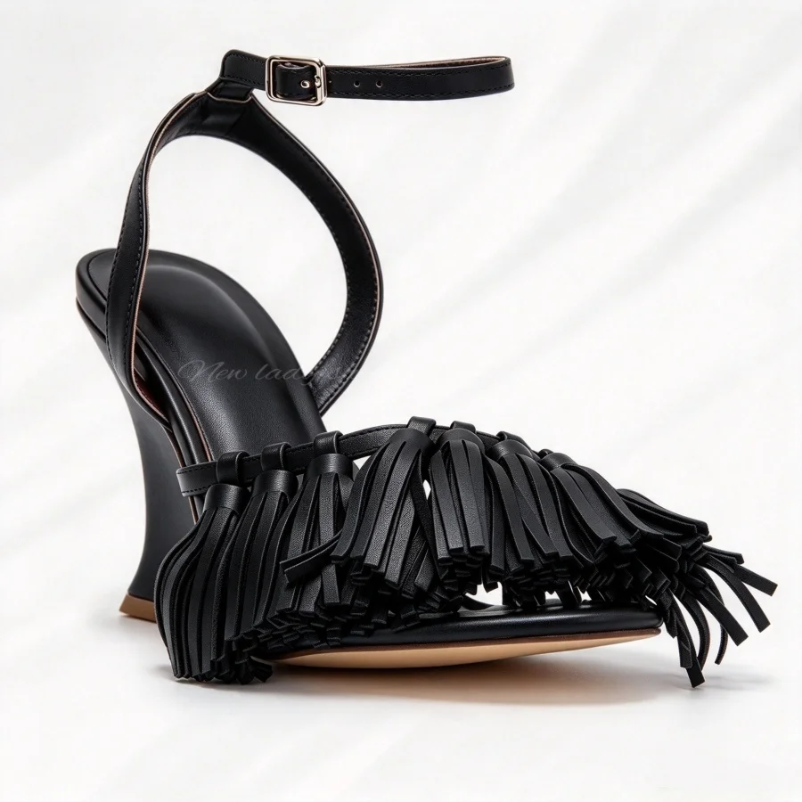 Women Leather Fringe Wedge Heel Ankle Buckle Strap Sandals Ladies Large Size 43 Red Custom Colors Runway Fashion Dress Footwear view 2