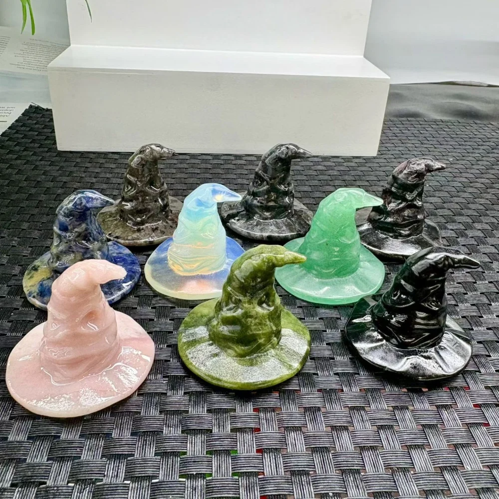 Mixed Natural Crystal Wizard Hat Figurine Hand Carved Witch Hat Statue Halloween Reiki Stone Desktop Decor Gift
