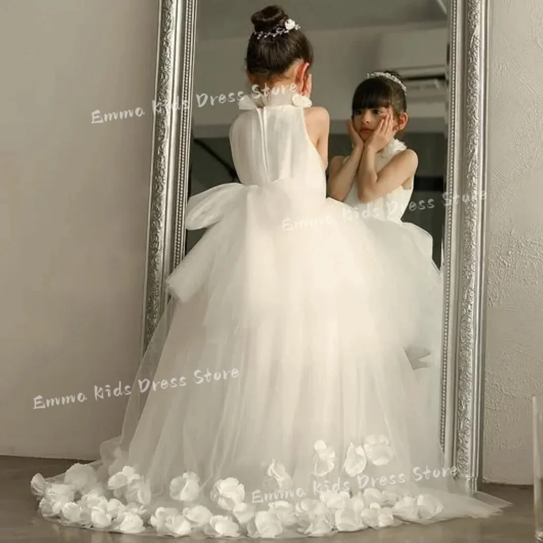 

Customized Ivory Flower Girl Dress with High Collar Tulle3D FlowersElegant Gown for Kids Wedding First Communion Formal Occasion