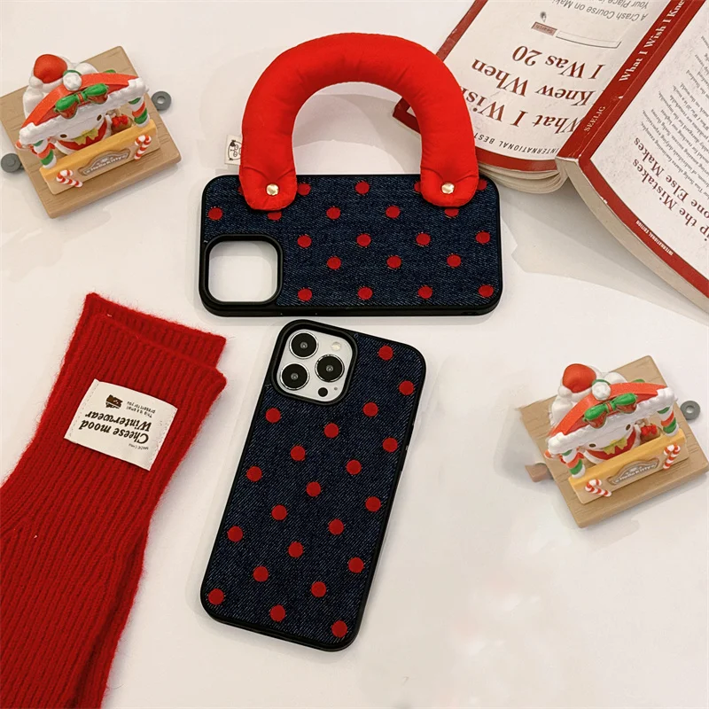 Handheld red wristband with personalized embroidery polka dot cowboy iPhone case for iPhone 13 14 15 16 pro max