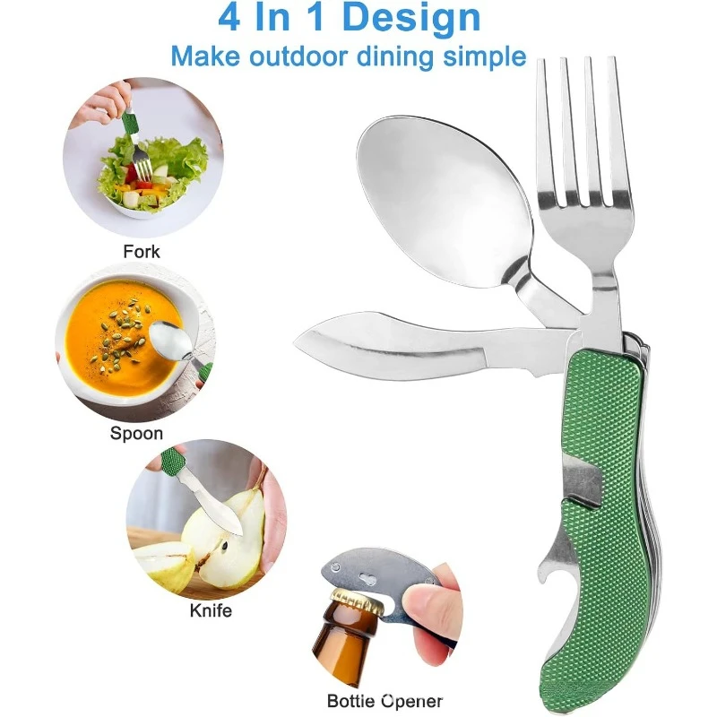 Portable camping tableware, detachable stainless steel backpack tableware for hiking, 4/1 (fork/spoon/knife/bottle opener)