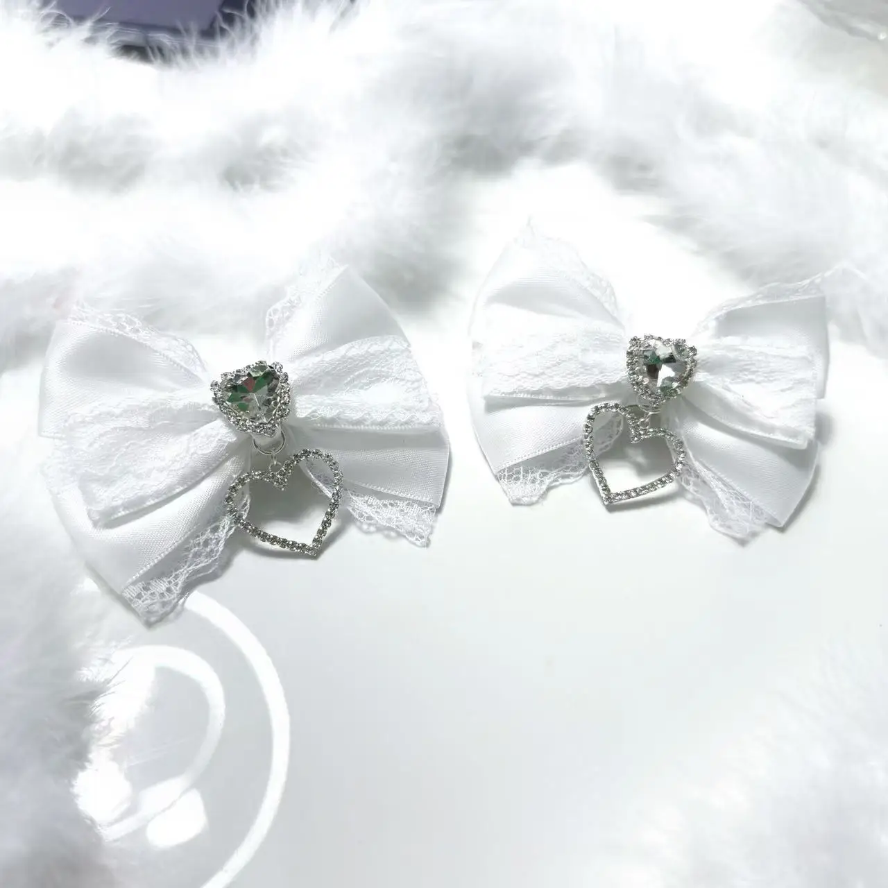 اليابانية الأصلية اليدوية الحلو ولطيف فتاة مجوهرات الأرض برعم المرأة إكسسوارات الشعر الدانتيل حجر الراين القوس دبوس الشعر بروش #5