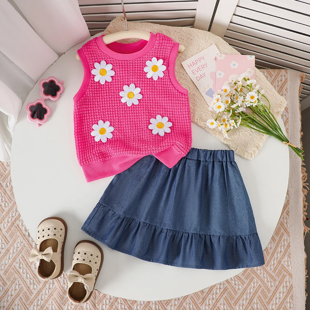 Girls' summer style bubble check sleeveless vest with three-dimensional floral top + solid-color skirt two-piece casual set swee