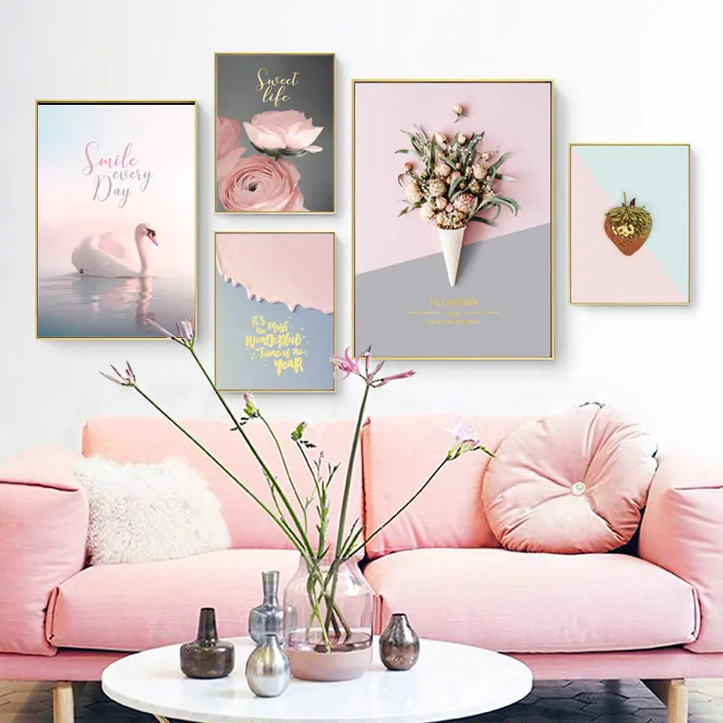 Pink Swan Rose Flowers Wall Art Canvas Painting Prints Nordic Landscape Picture for Living Room Bedroom Home Decor