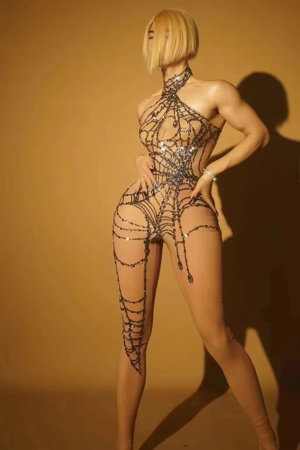 Siesen Cutout Cobweb Rhinestone Mesh Jumpsuit In Black Women Cosplay Luxury Show Party outfit