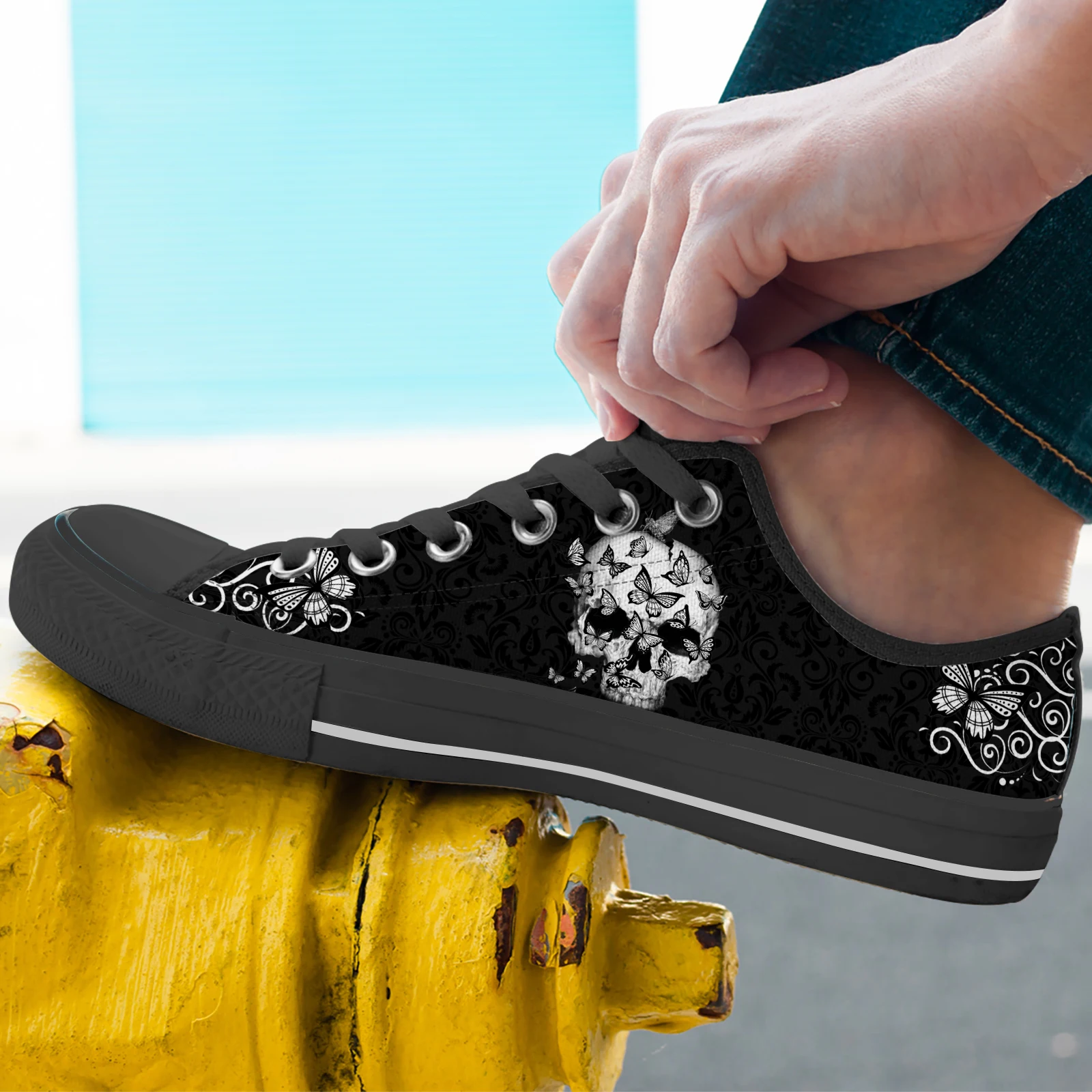 ELVISWORDS Black Gothic Skull Design Brand Canvas Shoes Butterfly Skull Print Lace-Up Flats Skull Casual Sneakers Chaussure