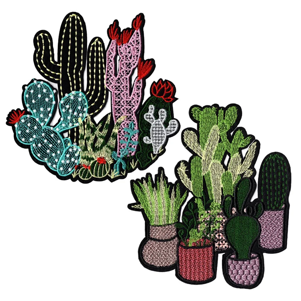 New Large Cartoon Patch Cactus Flower Embroidery Cloth Sticker DIY Clothes Patch Hole Badge Iron on Transfers for Clothing